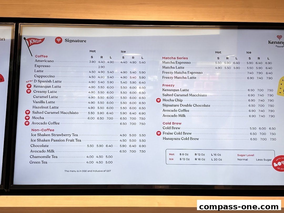 A menu board displaying various coffee and non-coffee drinks with prices and sizes.