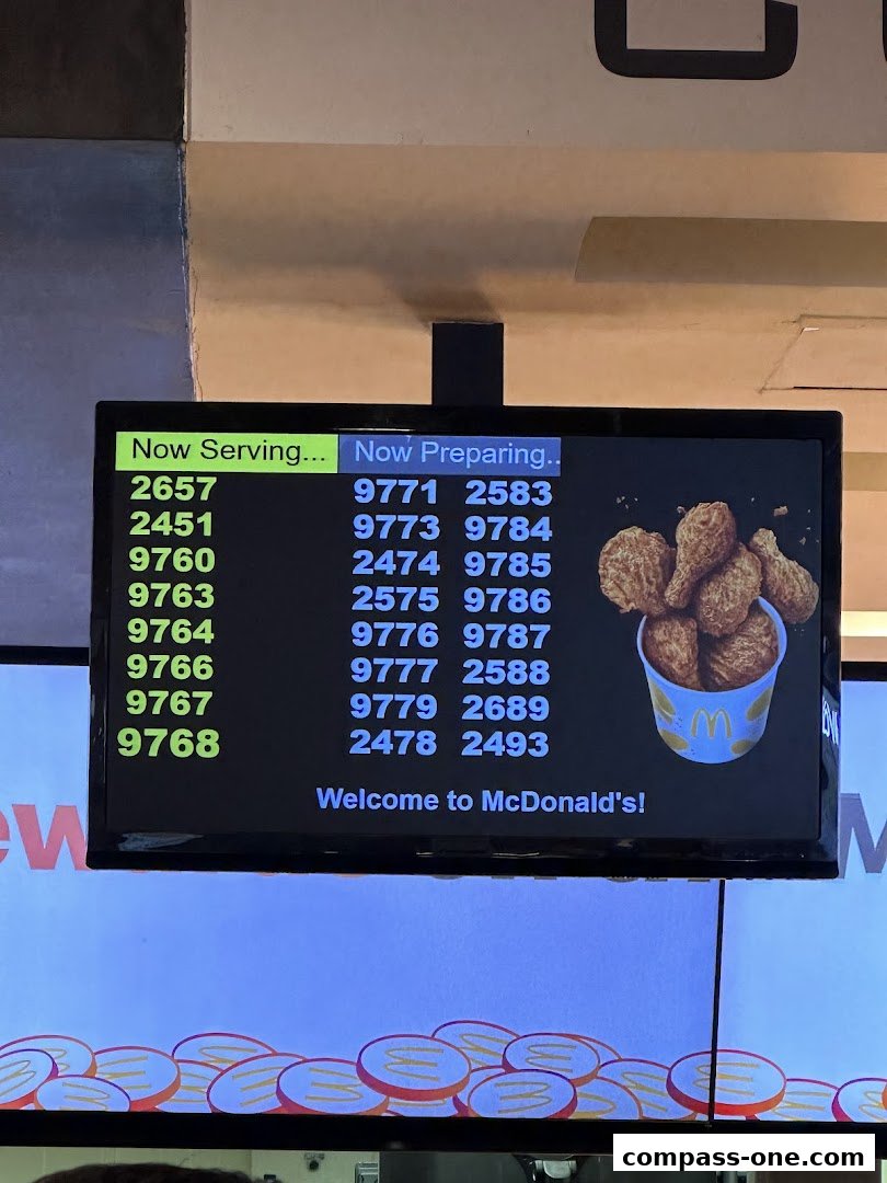 A digital screen at McDonald's displaying order numbers for 'Now Serving' and 'Now Preparing'.