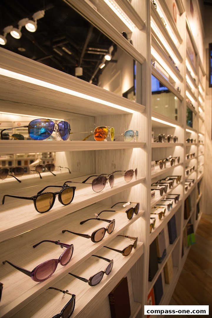 Shelves filled with various styles of sunglasses and eyeglasses in a modern retail store.