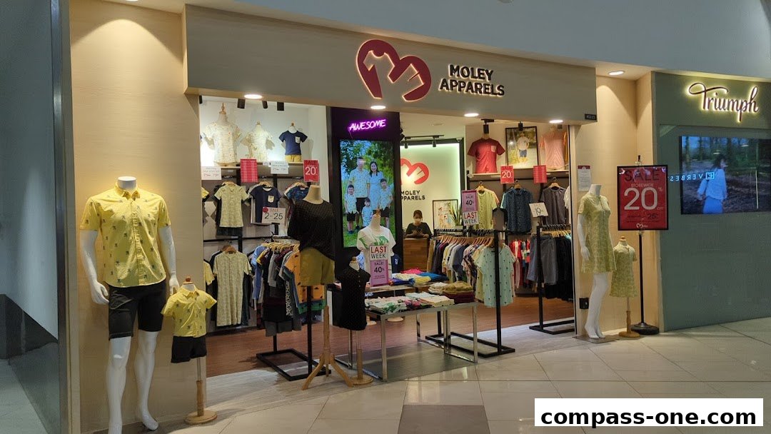 Moley Apparels shop front with mannequins displaying clothing and sale signs.