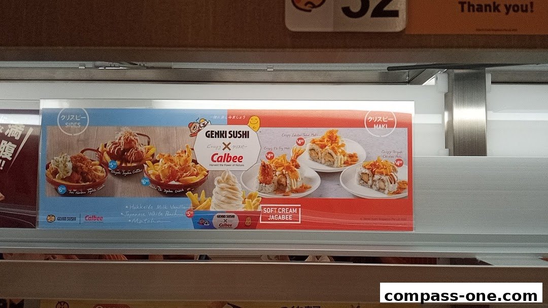 A display of Genki Sushi's crispy sides and maki rolls, featuring a collaboration with Calbee.