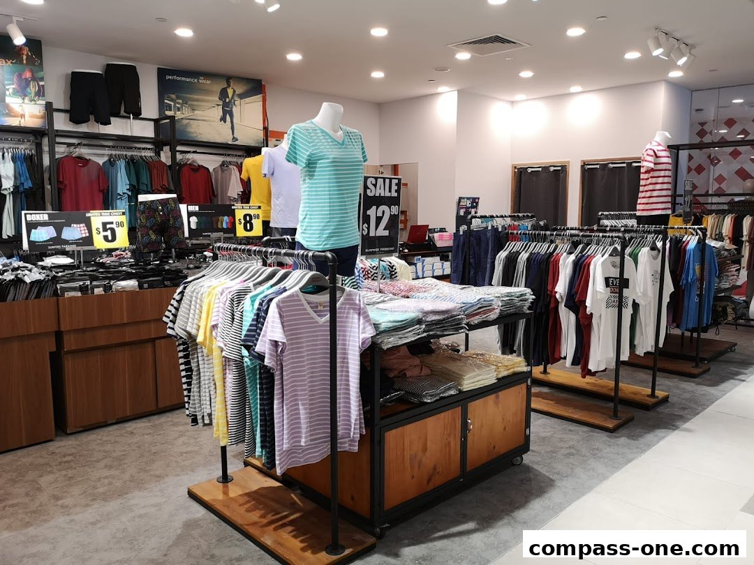 Interior view of a clothing store displaying various apparel on racks and shelves.