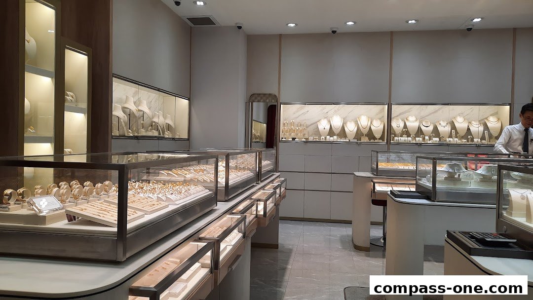 Interior view of a well-lit jewelry store with display cases filled with necklaces and bracelets.