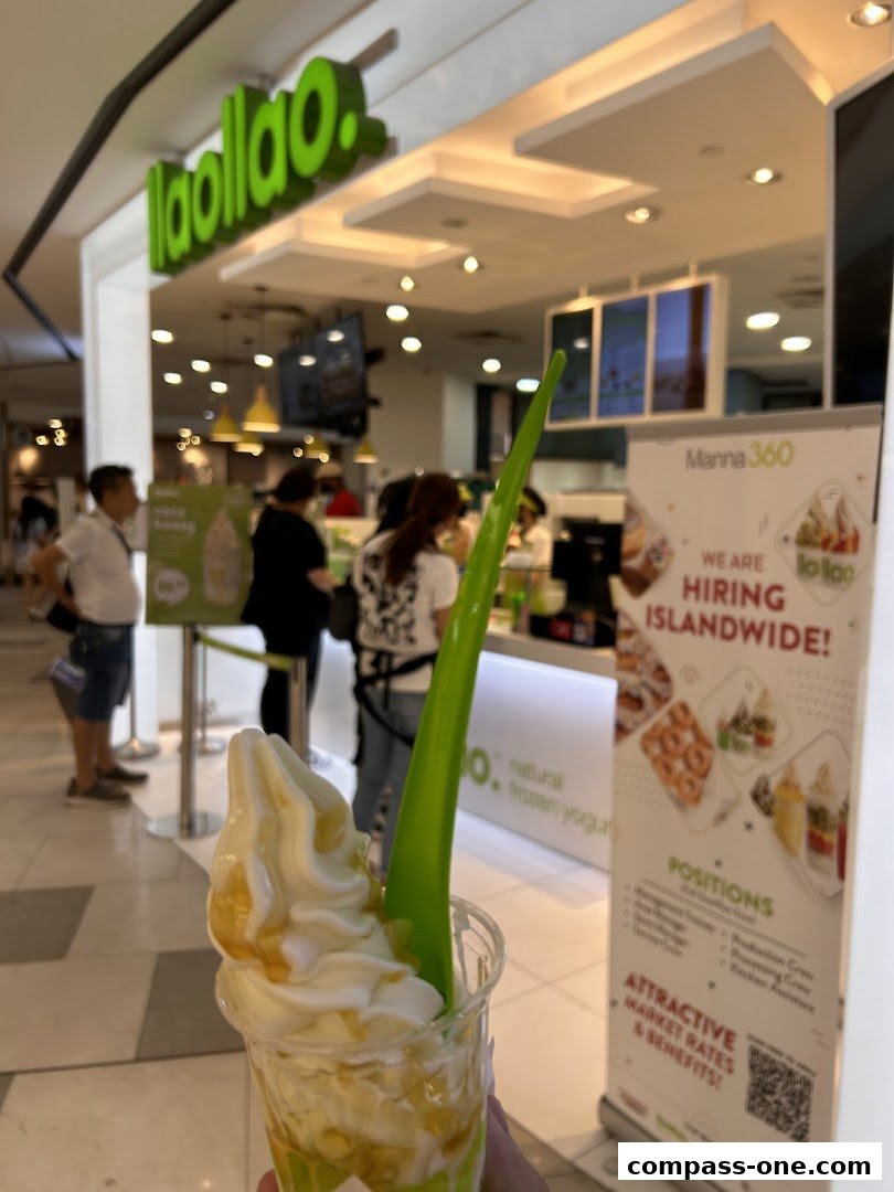 A person holds a cup of llaollao frozen yogurt in front of the shop.