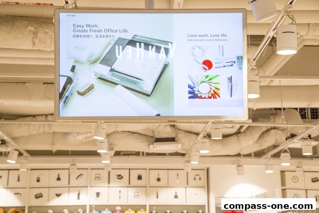 A digital display shows office and stationery items, with the shop's name MINISO visible.
