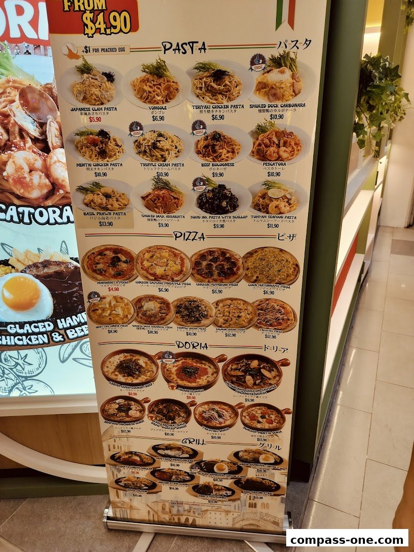A menu board displaying various pasta, pizza, doria, and grill dishes with prices.
