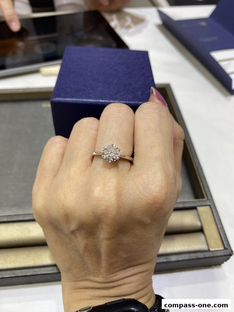 A hand wearing a diamond ring is shown in front of a jewelry display box.