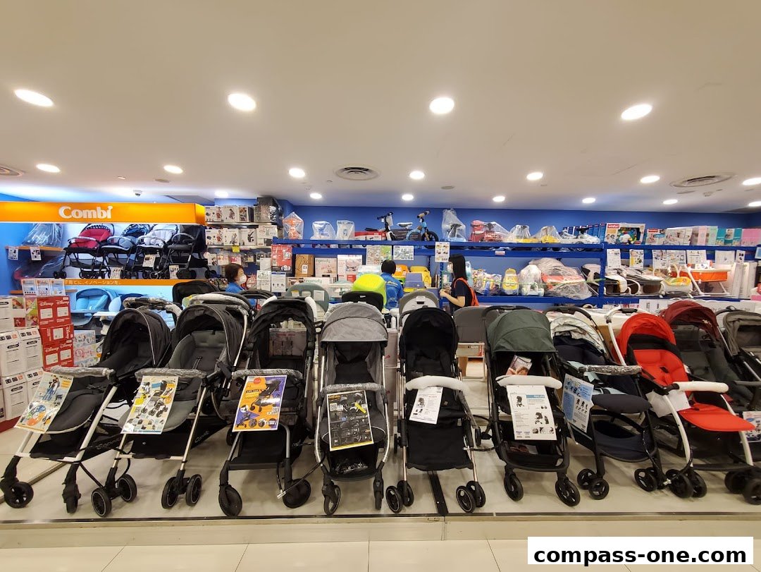 A wide selection of baby strollers displayed in a retail store.