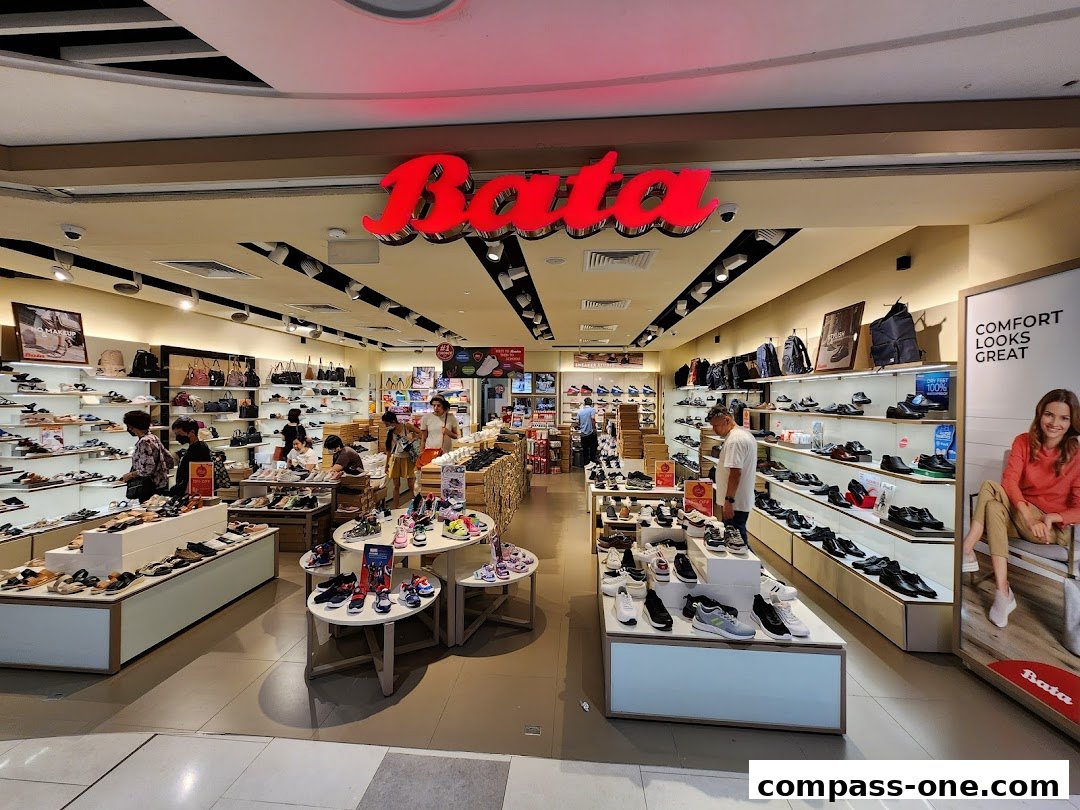 Interior view of a Bata shoe store showcasing a wide variety of footwear for men, women, and children.
