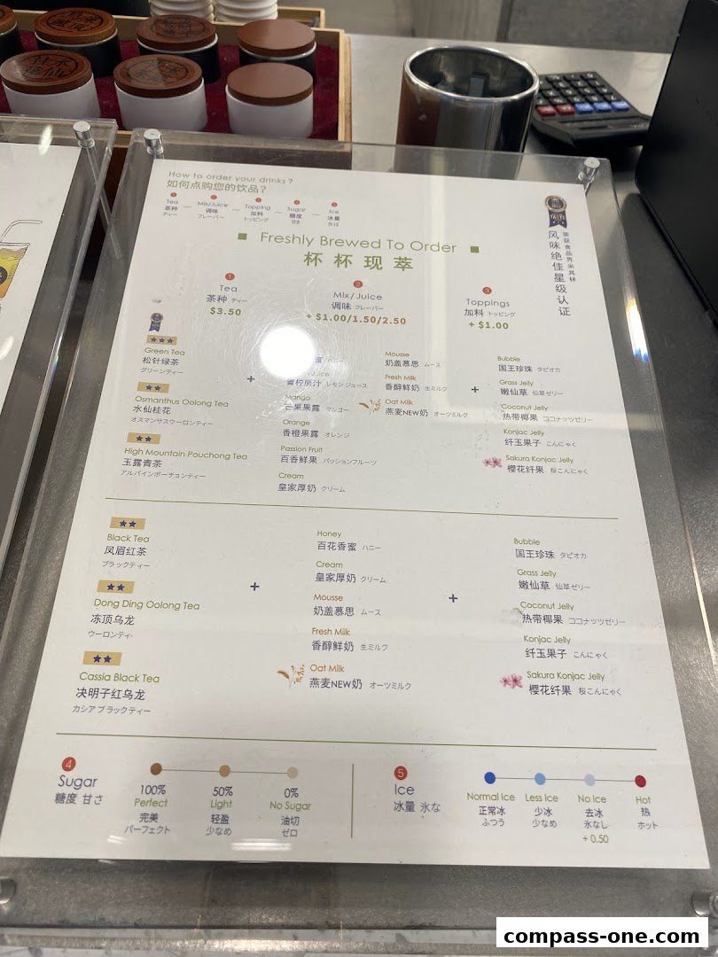 A menu for CHICHA San Chen showing various tea, juice, and topping options with prices.