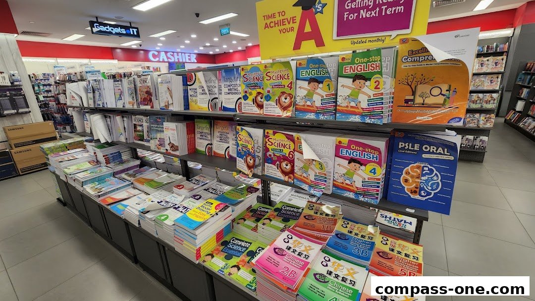 A wide selection of educational books, including science, English, and Chinese, are displayed on shelves and tables.