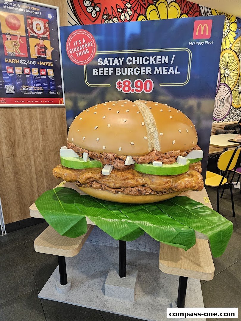 A giant burger model promoting a Satay Chicken/Beef Burger Meal at McDonald's.