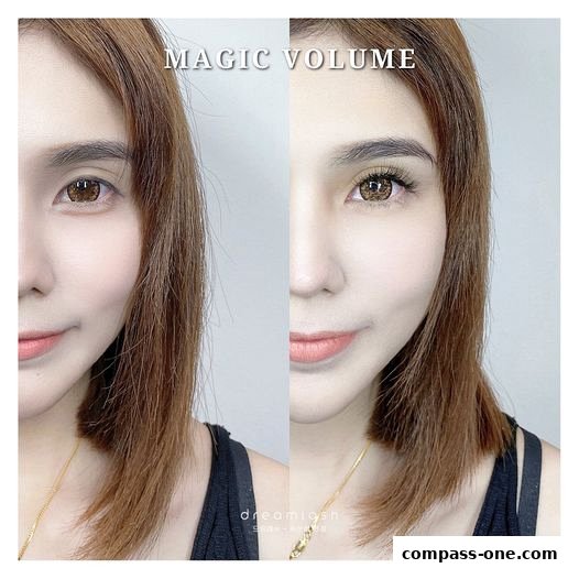 Split image showing a before and after of eyelash enhancement with 'Magic Volume'.