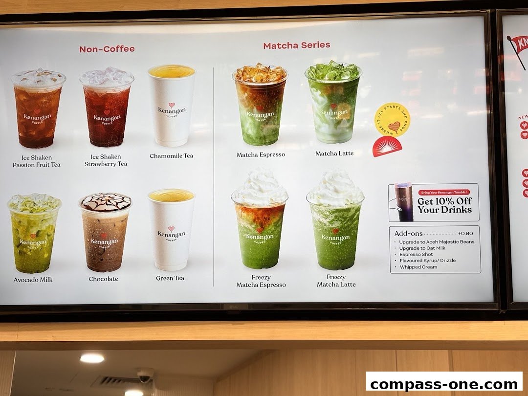 A menu board displaying various coffee and matcha drinks with their names and images.
