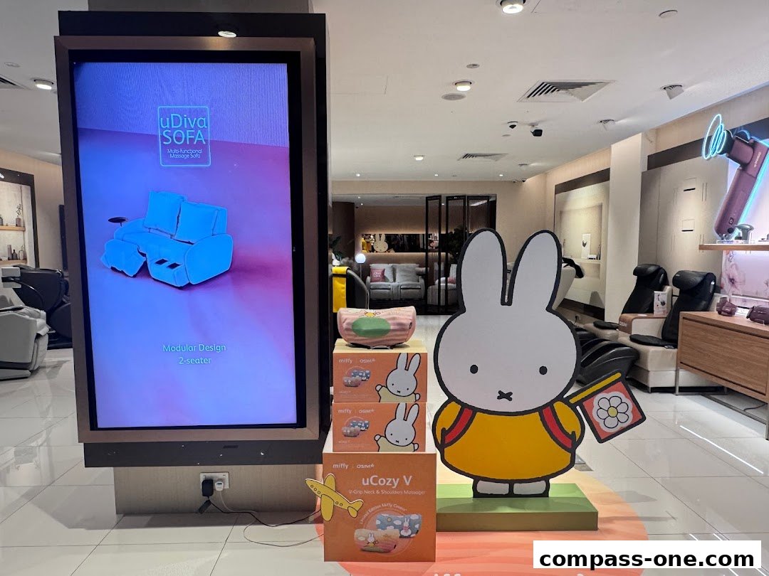 OSIM shop interior featuring massage chairs, a uDiva SOFA display, and Miffy character.