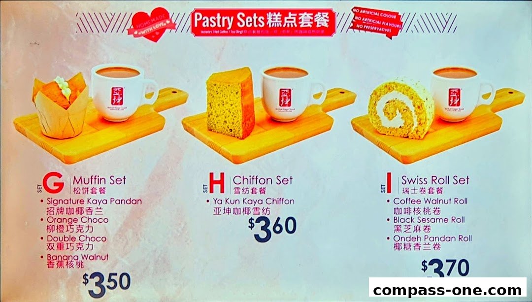 A menu showcasing three pastry sets: Muffin Set, Chiffon Set, and Swiss Roll Set, each with a drink.