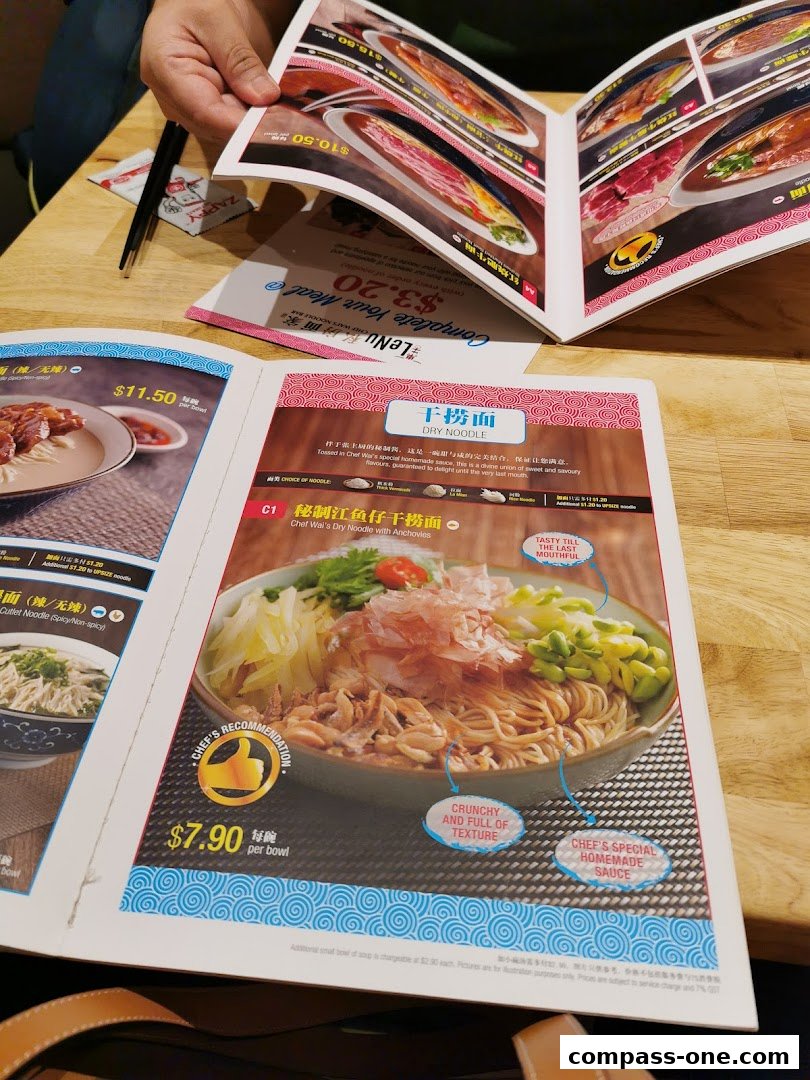 A menu from LeNu Chefs Wai Noodle Bar featuring dry noodles and other dishes.