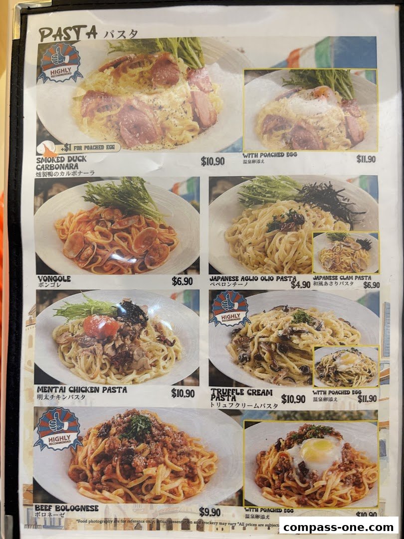 A menu page showcasing various pasta dishes with enticing images and prices.