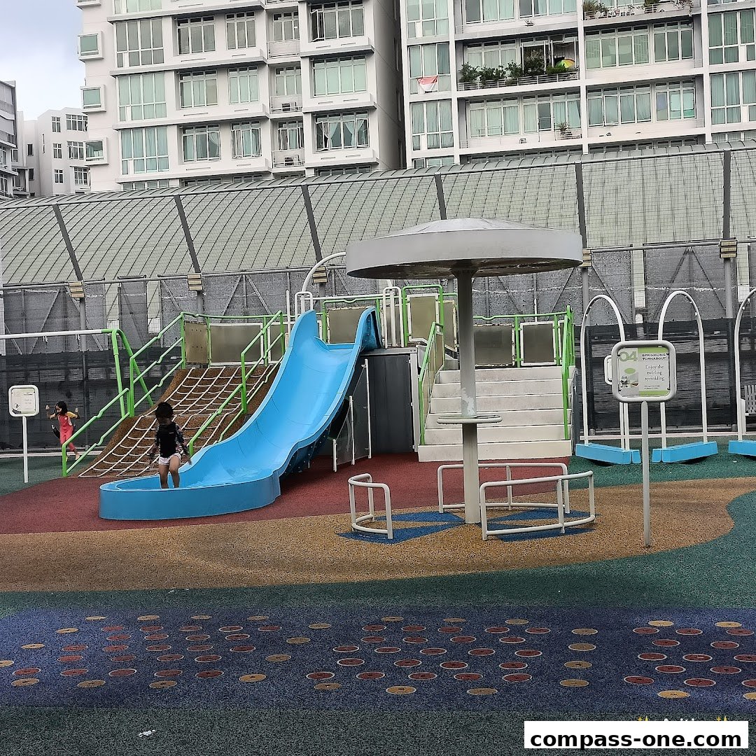 A colorful playground with a blue slide, climbing net, and swings, set against apartment buildings.