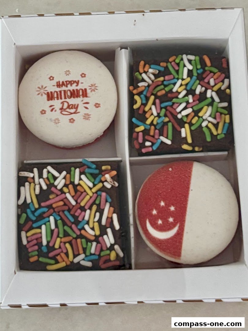 A box of four assorted desserts, including macarons and brownies with sprinkles.