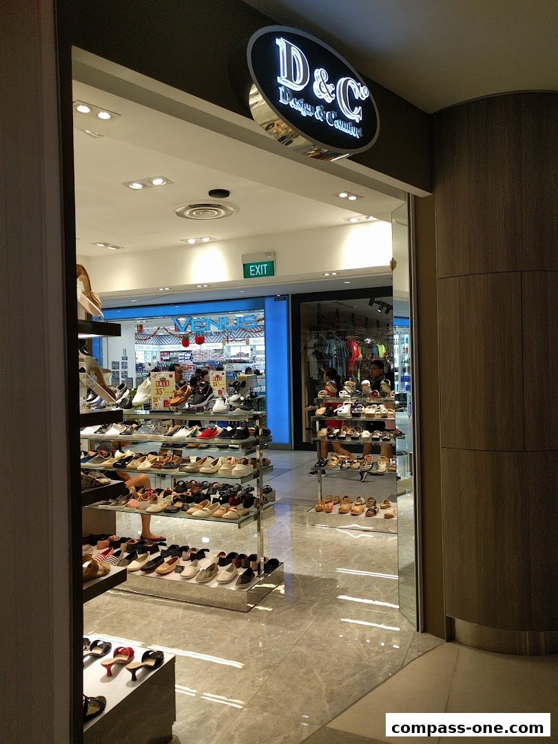 The entrance of DC Design & Comfort shoe store, showcasing a wide variety of footwear on display.