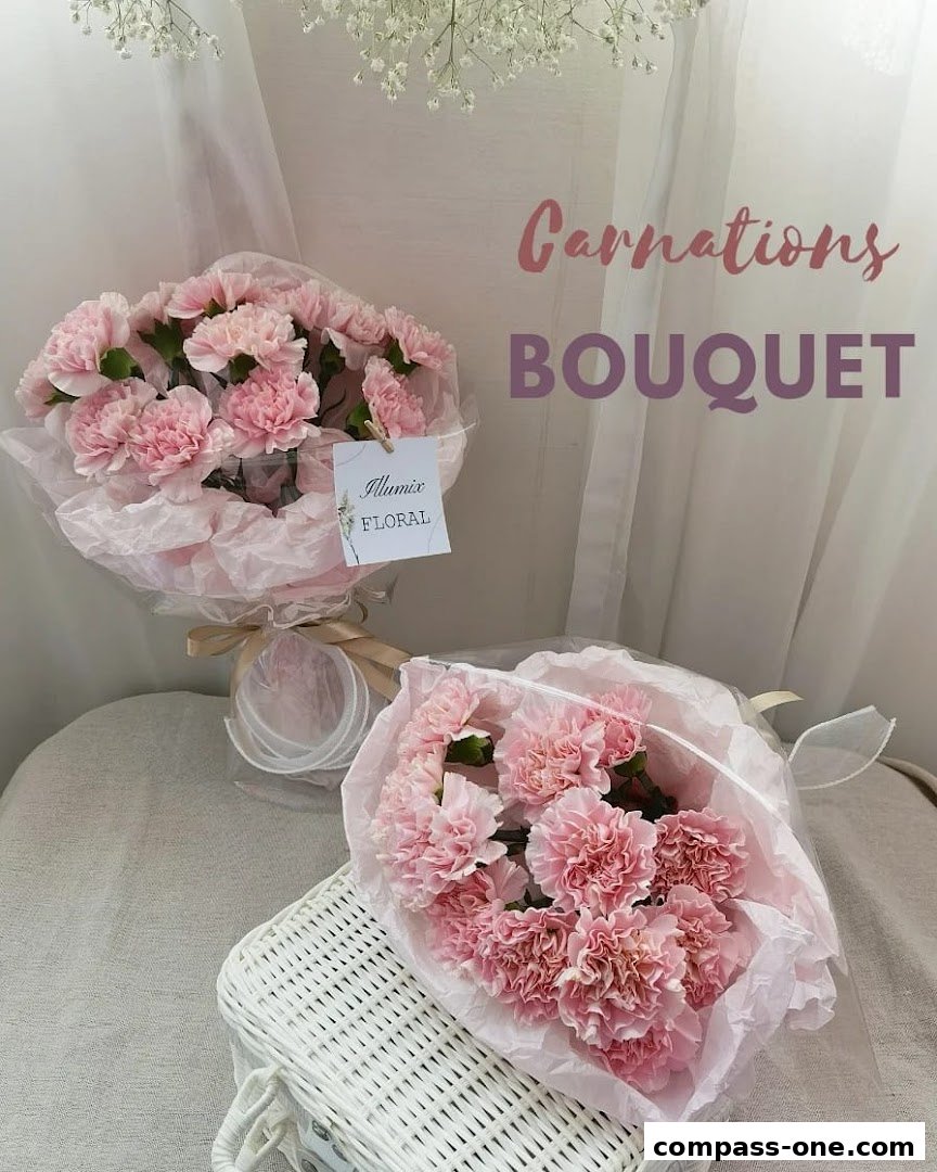 Two beautiful pink carnation bouquets are displayed, one on a white basket.