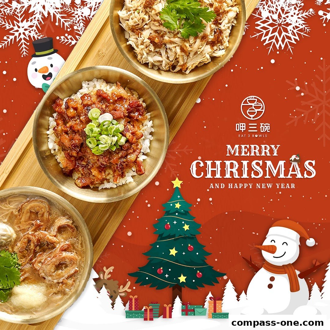 A festive Christmas-themed image showcasing three bowls of food from Eat 3 Bowls.