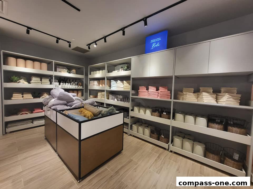 Interior view of a HOOGA store showcasing folded towels, bedding, and storage baskets on shelves.