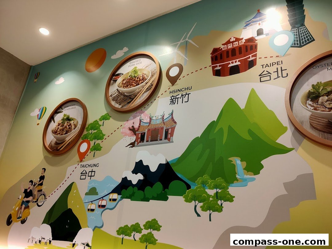 A wall mural depicting a map of Taiwan with food images and landmarks.