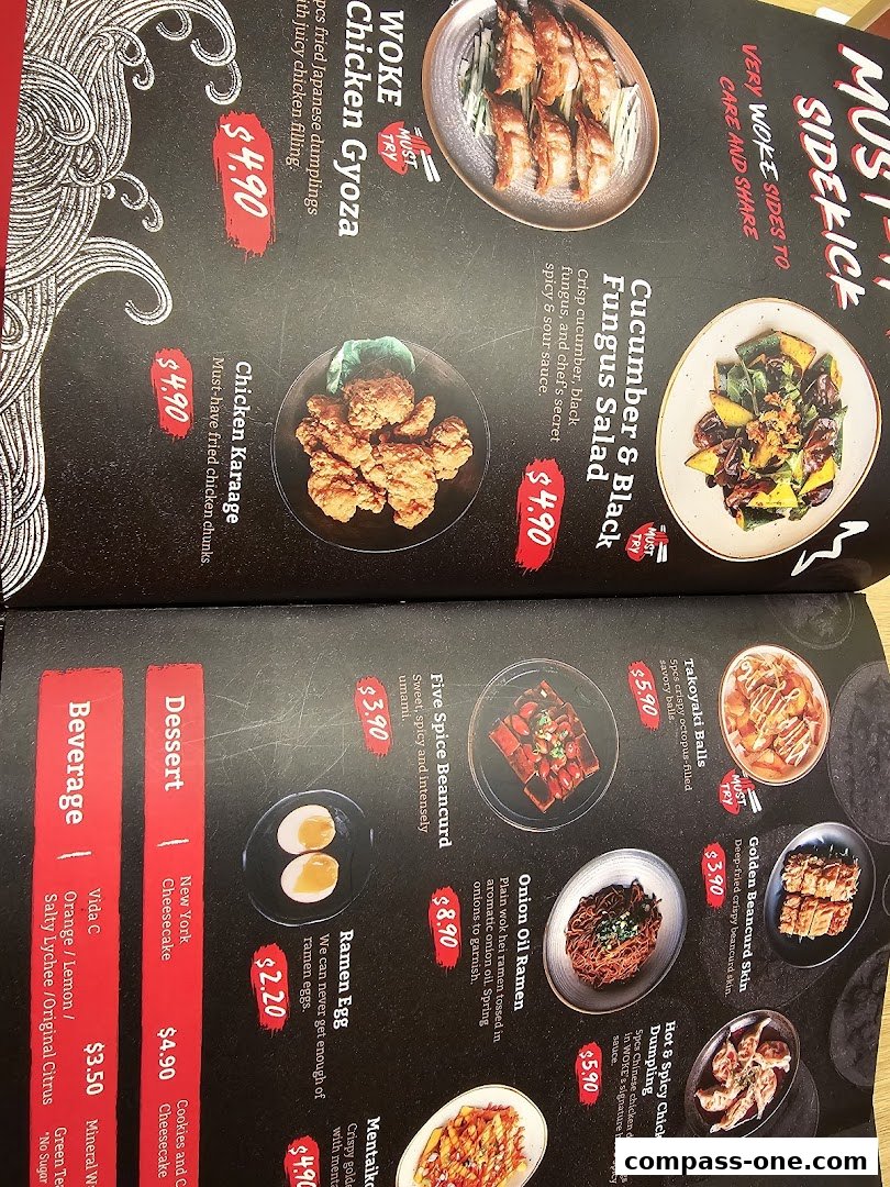 A menu from WOKE Ramen featuring various Japanese dishes and beverages.