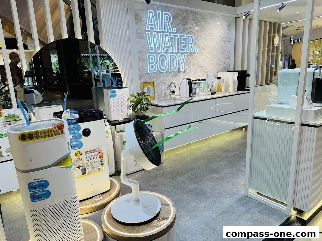 Interior view of a Novita store showcasing air purifiers and water dispensers.