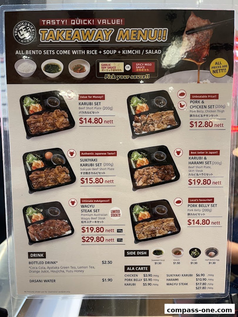 A takeaway menu for Yakiniku Like featuring various bento sets, drinks, and side dishes.