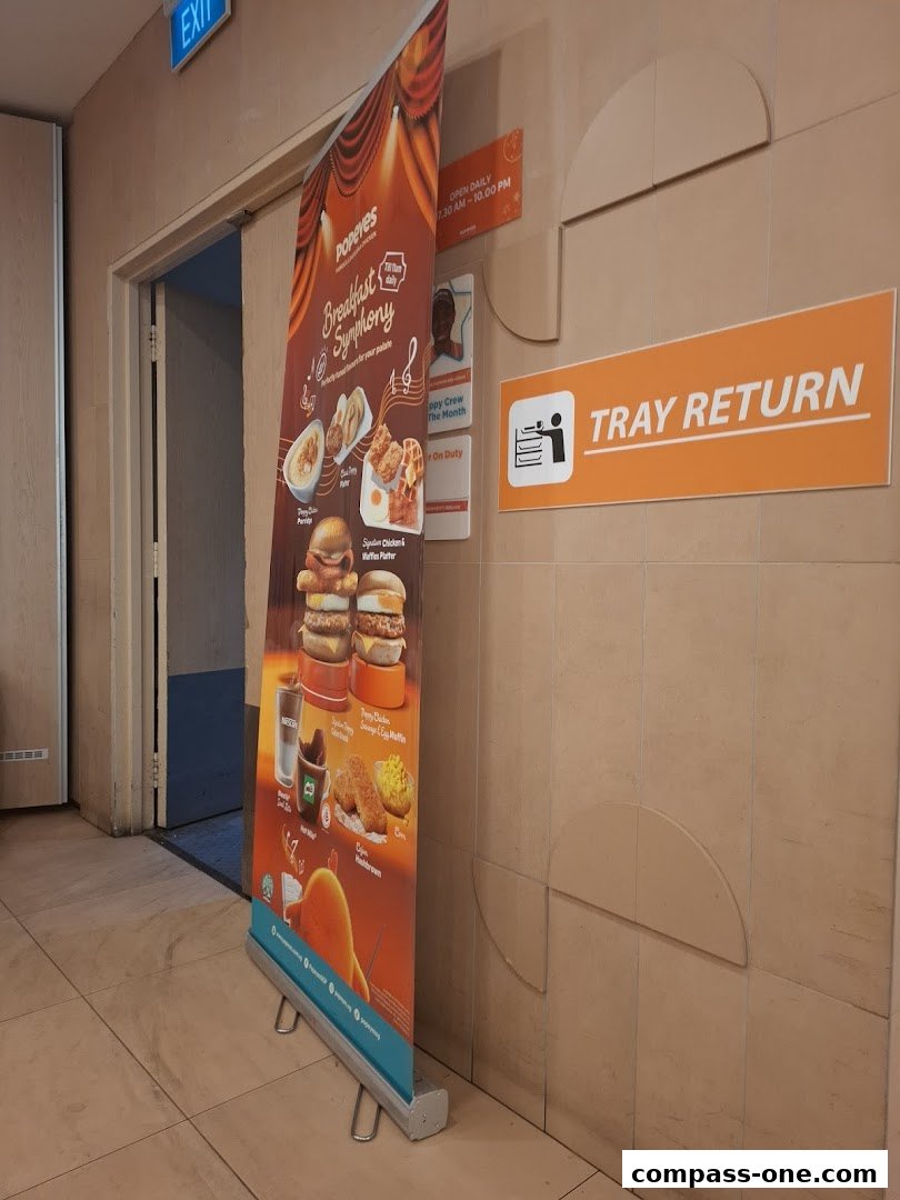 A Popeyes restaurant features a breakfast promotion banner and a tray return sign.