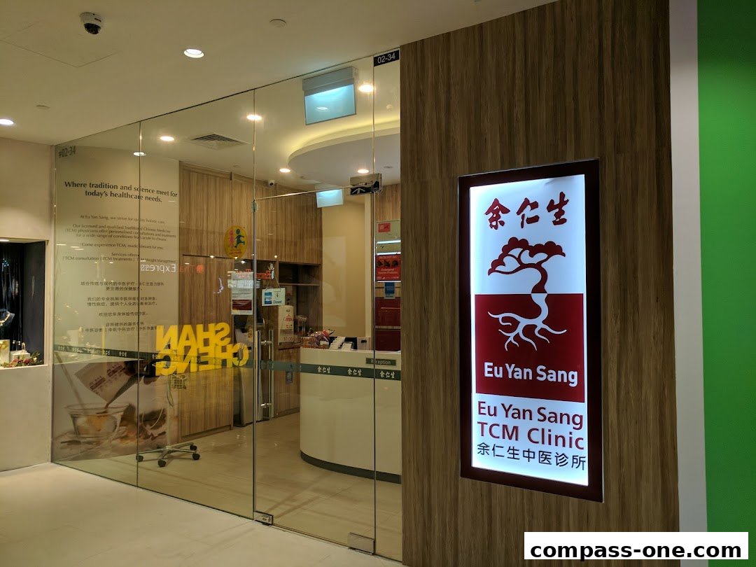 The entrance of Eu Yan Sang TCM Clinic, featuring a glass facade and illuminated signage.