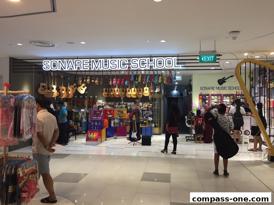 Interior view of Sonare Music School with guitars displayed and people browsing.
