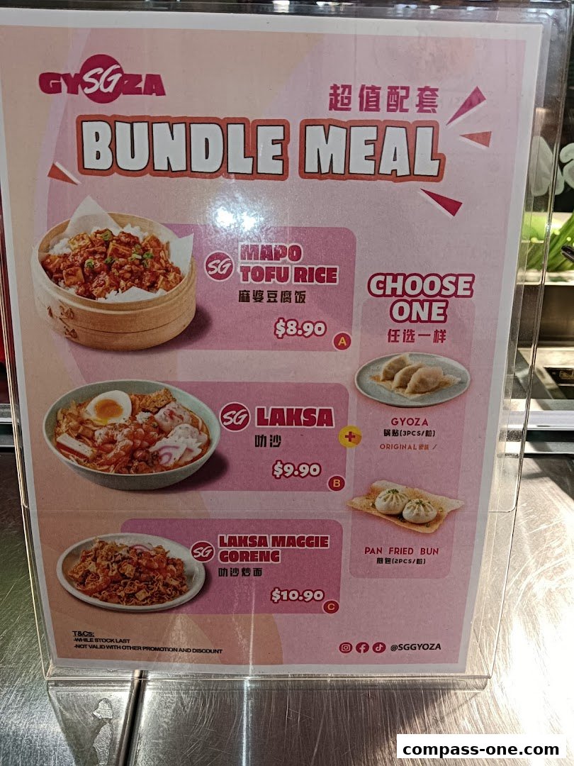 A menu board showcasing bundle meals with various Asian dishes like Laksa and Gyoza.