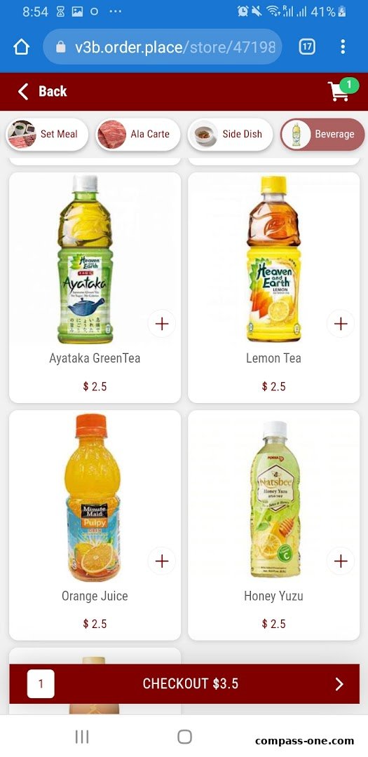 A screenshot of a mobile ordering interface showing various beverages with prices.