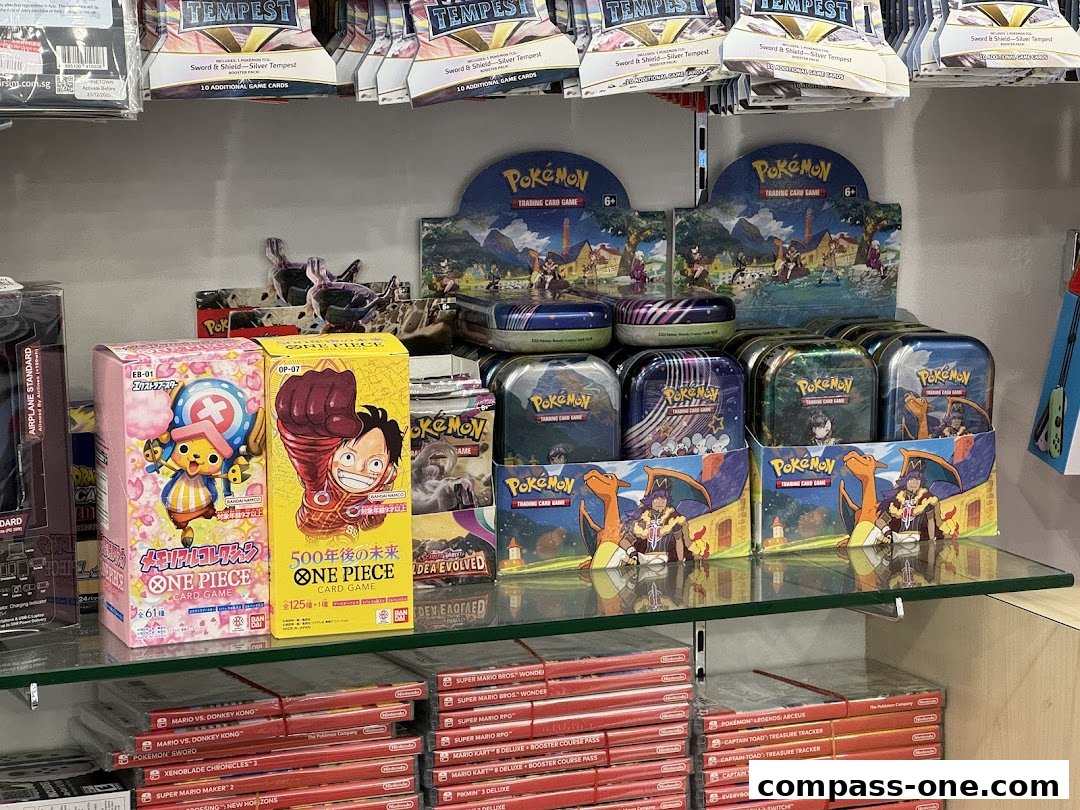 Shelves stocked with various trading card games, including One Piece and Pokemon, and Nintendo Switch games.
