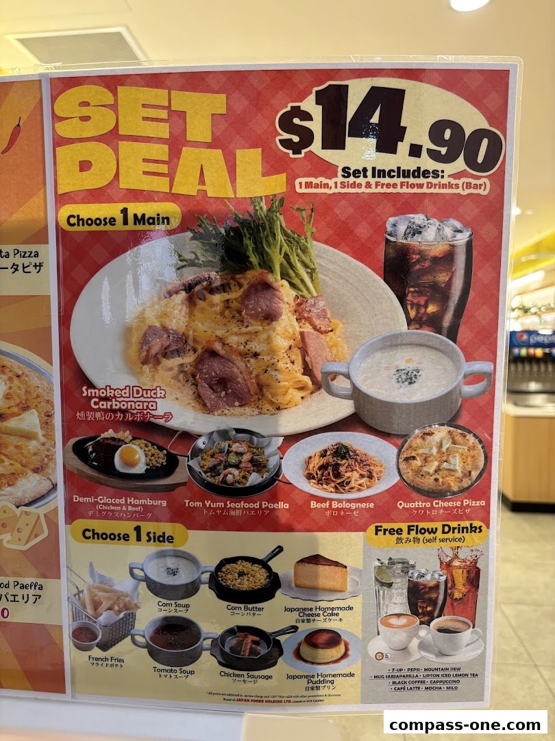 A menu showcasing a set deal with a main course, side dish, and free-flow drinks.