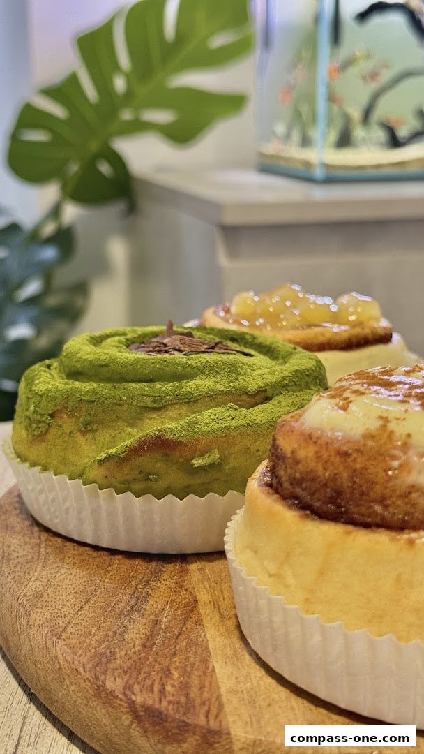 Close-up of three delicious cinnamon rolls, one topped with matcha powder and chocolate shavings.