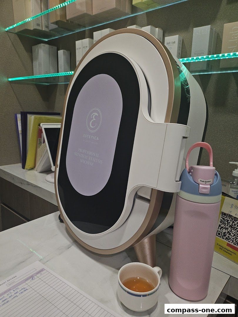 Estetica Beauty features a professional skin analysis machine with products on shelves.