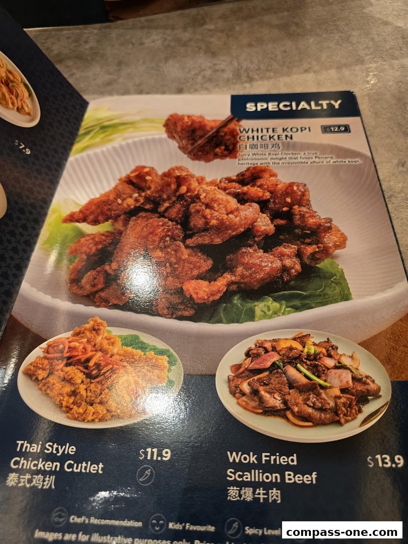 A menu page from Penang Culture featuring White Kopi Chicken, Thai Style Chicken Cutlet, and Wok Fried Scallion Beef.
