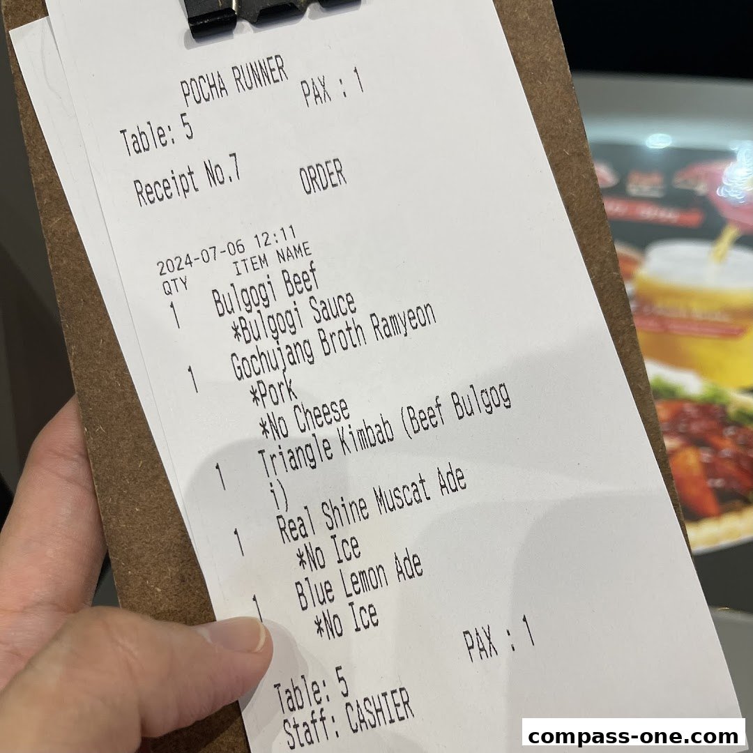 A receipt from POCHA! Korean Street Dining showing an order for table 5.