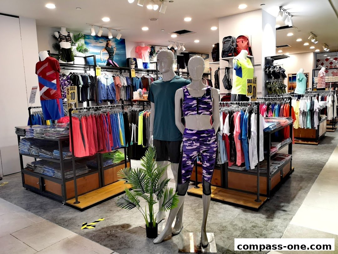 Interior view of a sports apparel store with mannequins and clothing displays.