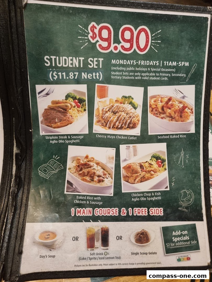 A menu for Jack's Place Student Set, featuring main courses and free sides.