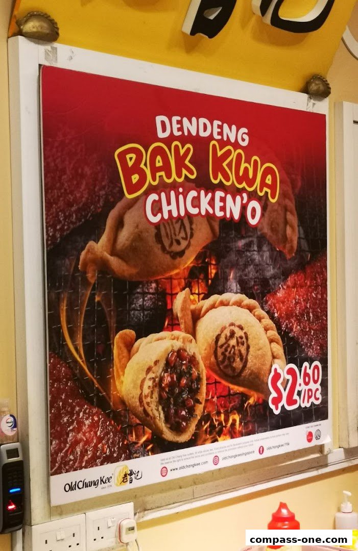 A poster advertising Old Chang Kee's Dendeng Bak Kwa Chicken'O pastry.