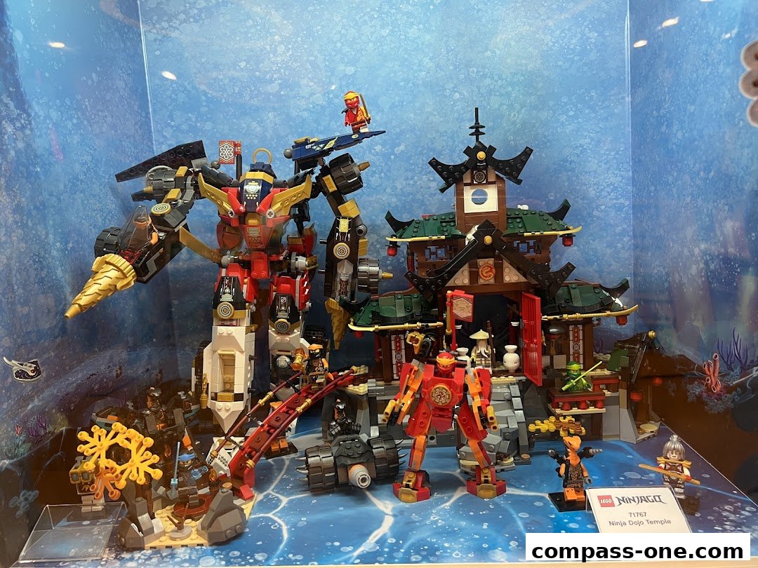 LEGO Ninjago Ninja Dojo Temple set with mechs and figures displayed.