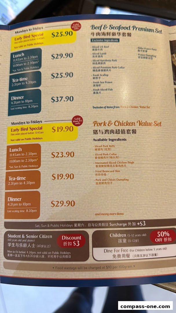 A menu displaying hotpot sets and discounts for Paradise Hotpot Compass One.