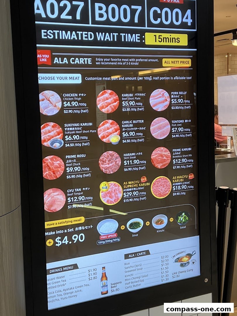 A digital menu board displaying various cuts of meat for yakiniku, with prices and options.
