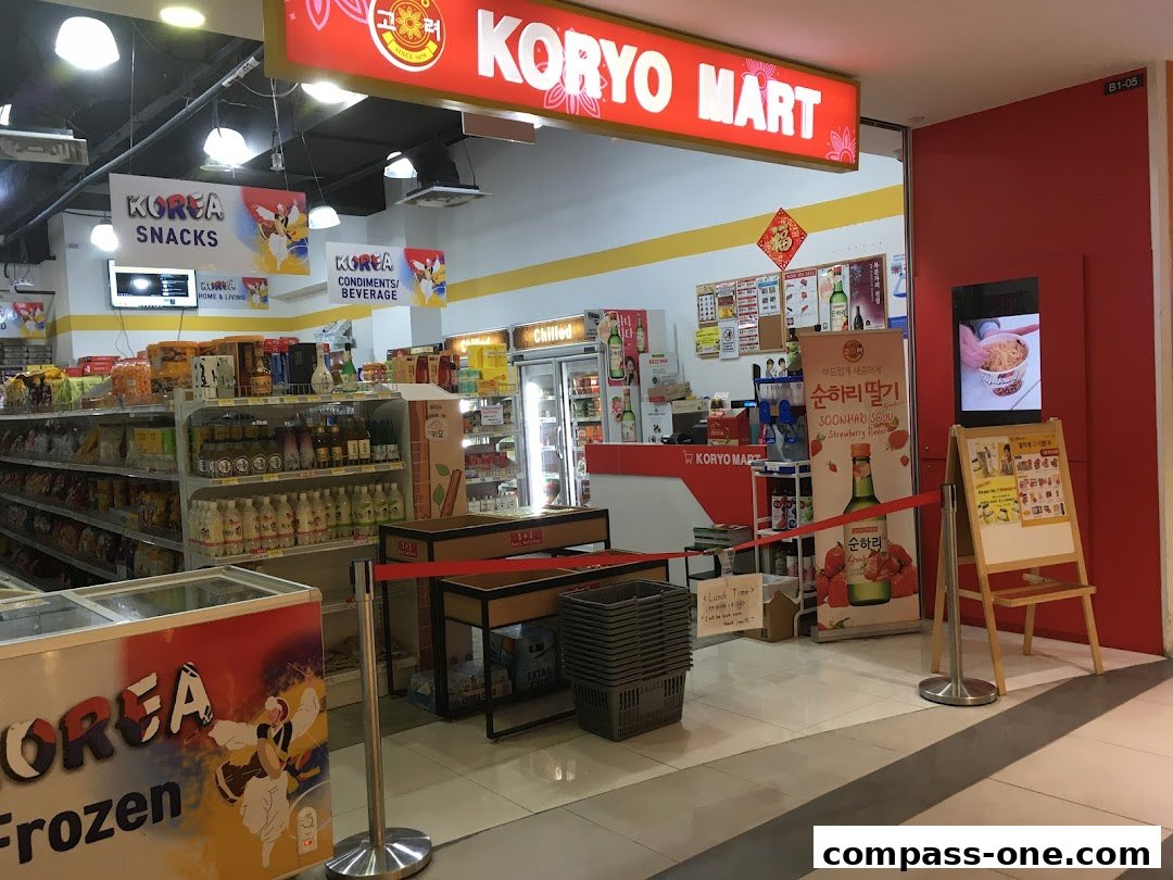 The entrance of Koryo Mart, a Korean grocery store, showcasing various snacks and beverages.